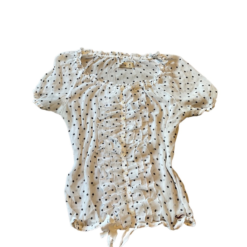 hollister womens white with black polka dots sheer blouse size medium.